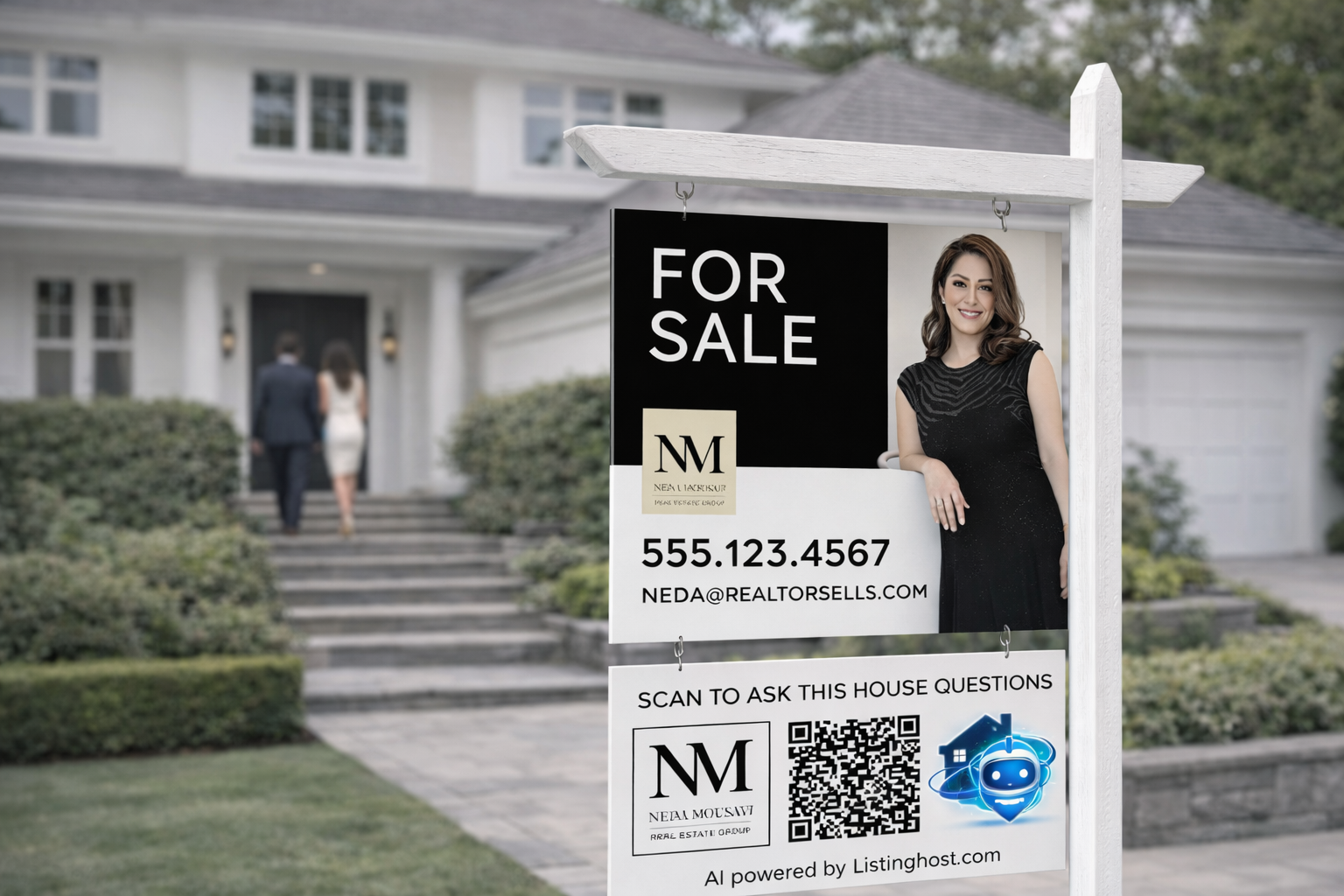 For-sale yard sign with NM Group branding and Listinghost QR rider in front of a home