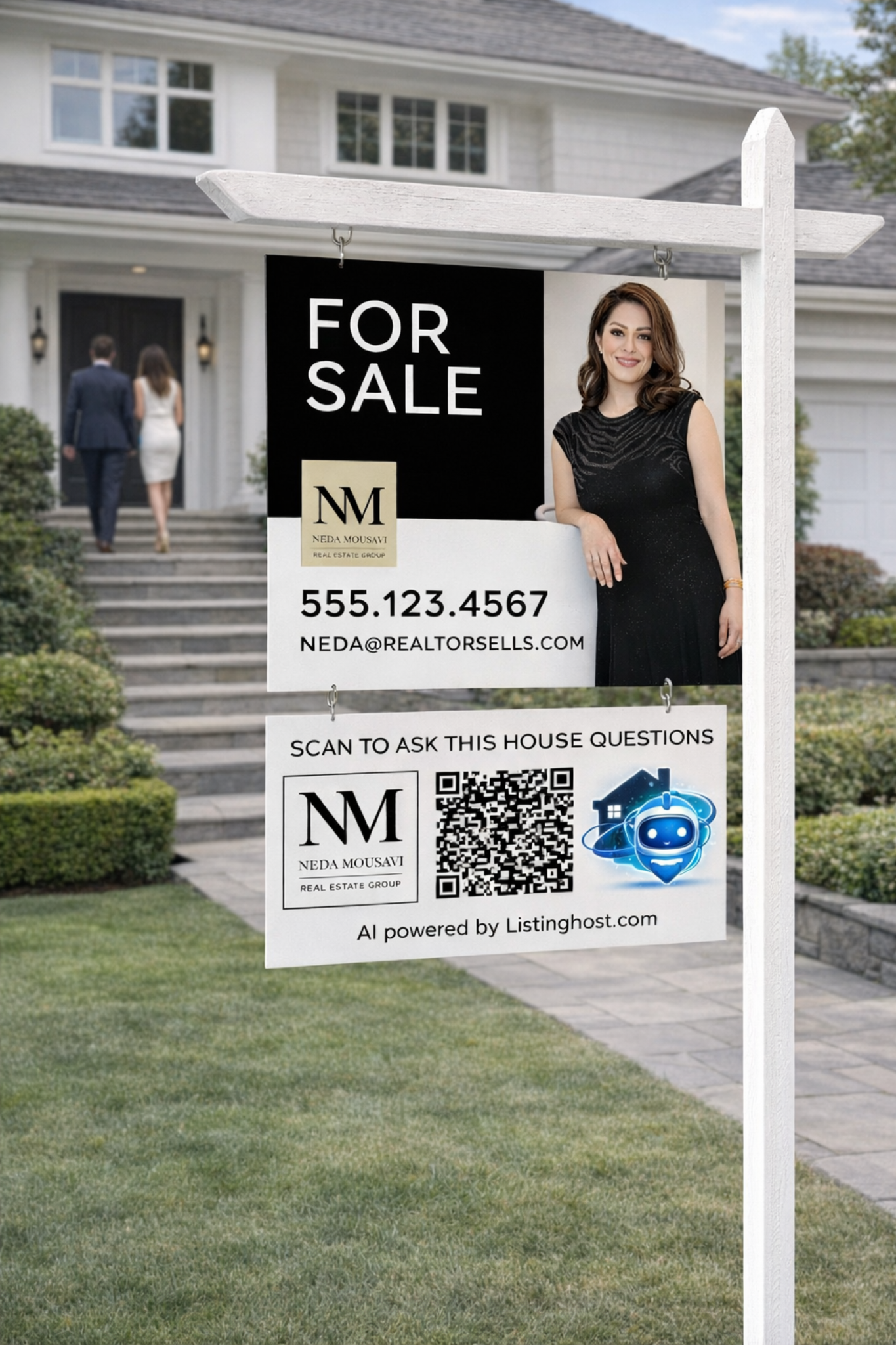 Neda Mousavi beside a yard sign with a Listinghost QR rider for open house questions