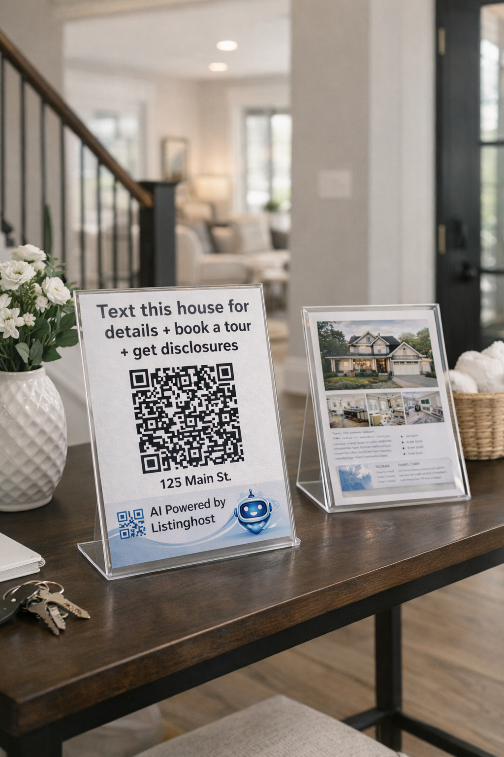 Listinghost QR sign displayed on an entryway table as the first capture point