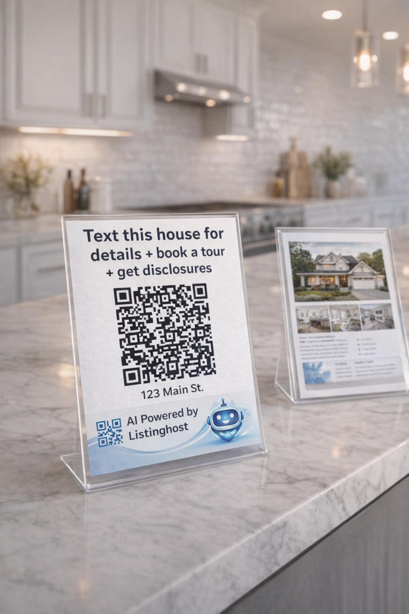 Listinghost QR sign on a kitchen island where buyers naturally pause
