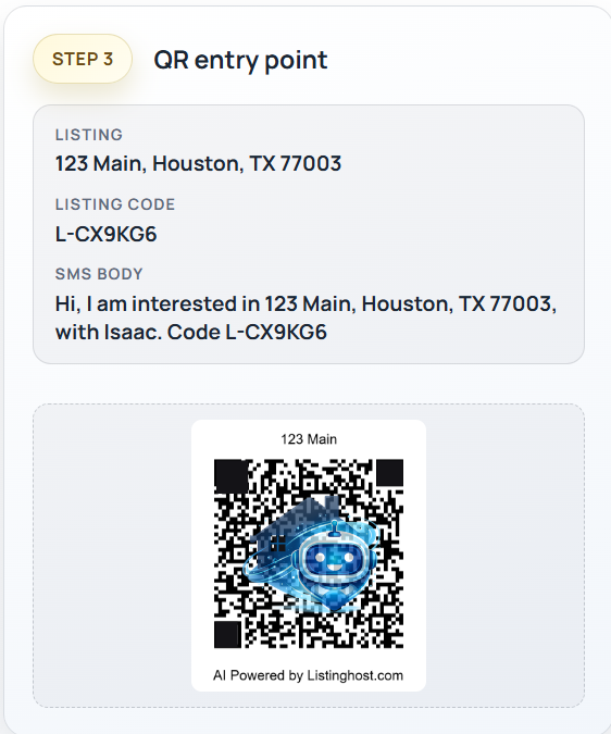 Listinghost listing review screen showing QR code, listing details, listing code, and SMS body.